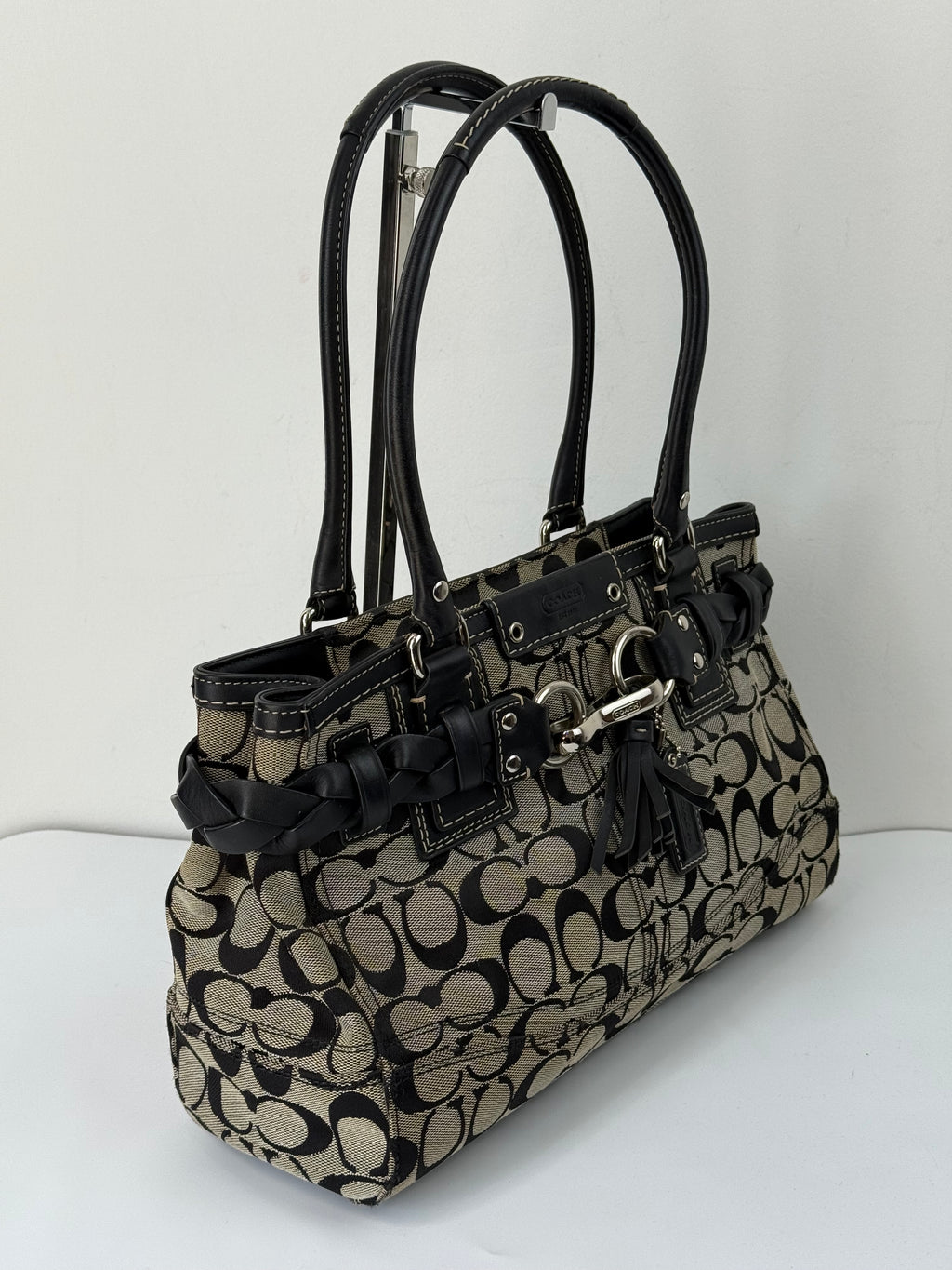 Vintage Coach Hampton Signature Tote Bag Grey and Black Coach Canvas HandBag 00s Y2K
