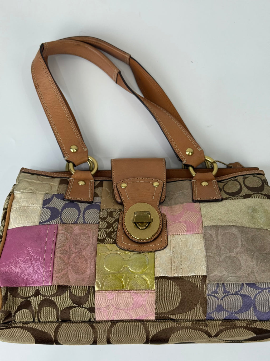 Vintage Coach Multicolour Patchwork Tote Bag Coach TurnLock Handbag 00s Y2K