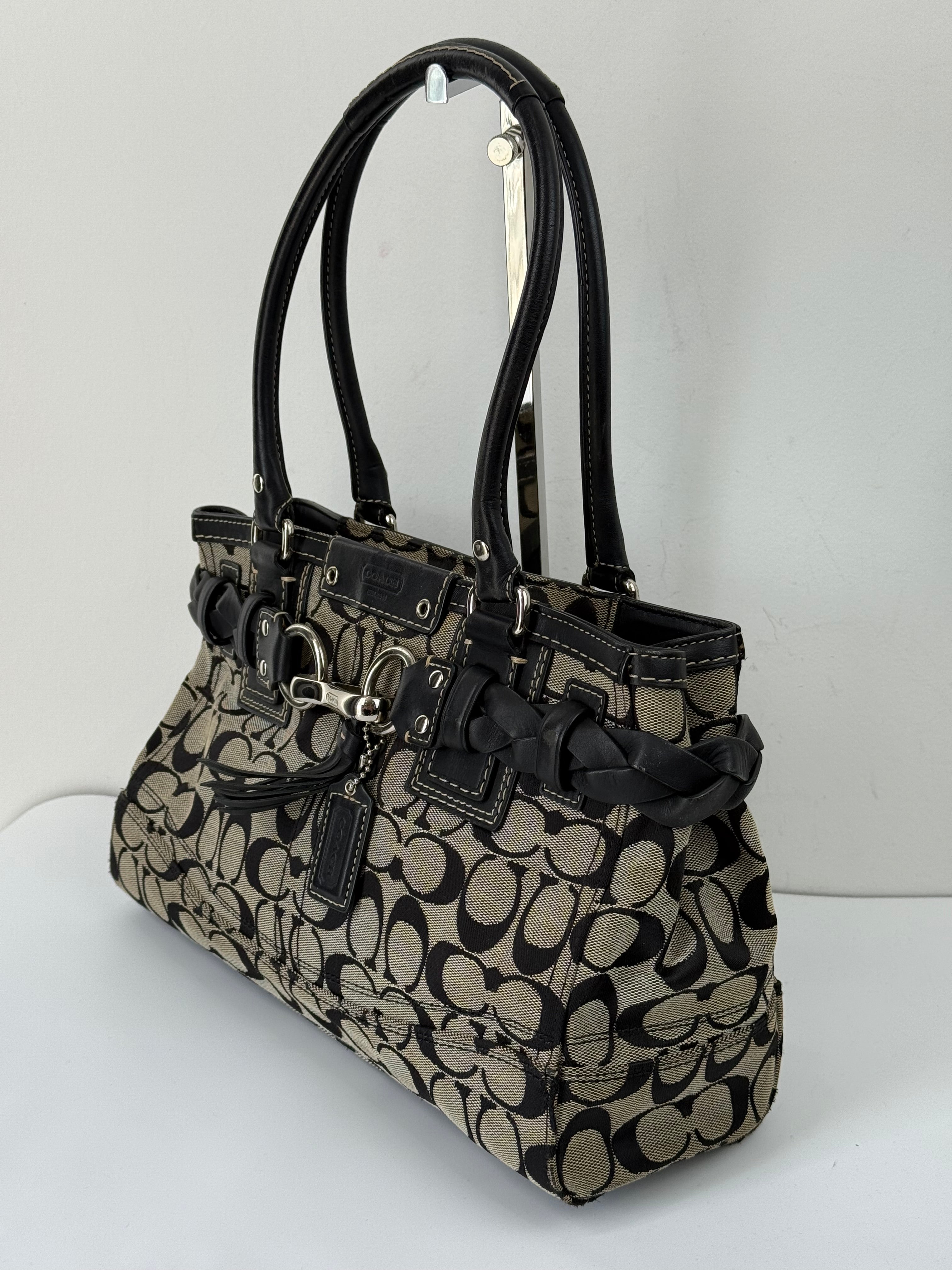 Vintage Coach Hampton Signature Tote Bag Grey and Black Coach Canvas HandBag 00s Y2K