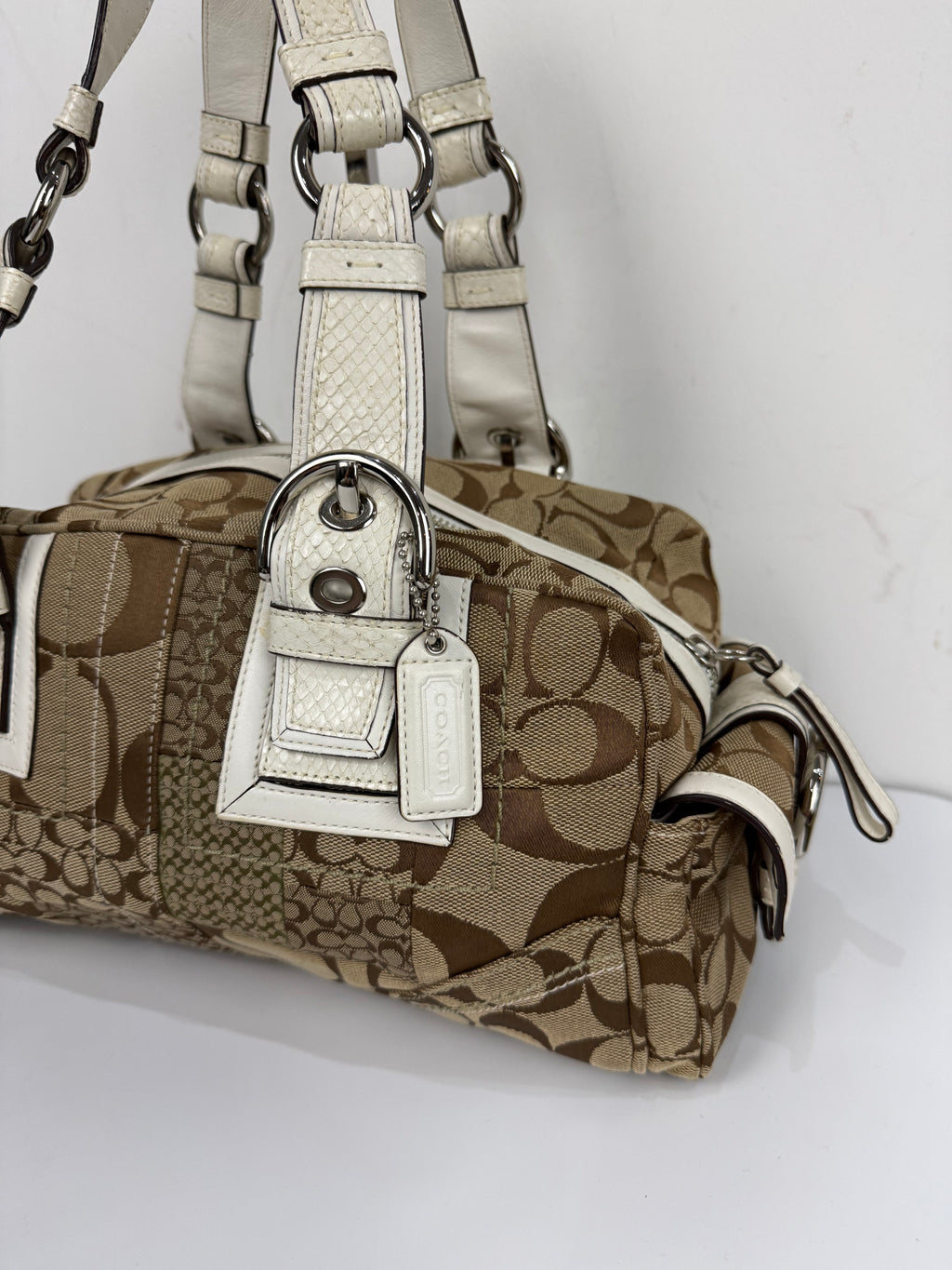 Vintage Coach Brown Patchwork Boston Satchel Soho Mia Signature Shoulder Bag 00s Y2K