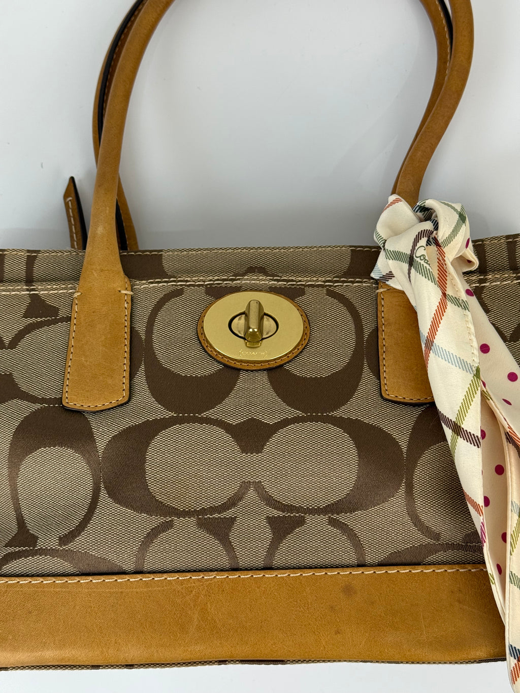 Vintage Coach Hampton Tote Bag Brown and Tan Coach Signature Monogram HandBag with Scarf 90s 00s Y2K Shoulder Bag