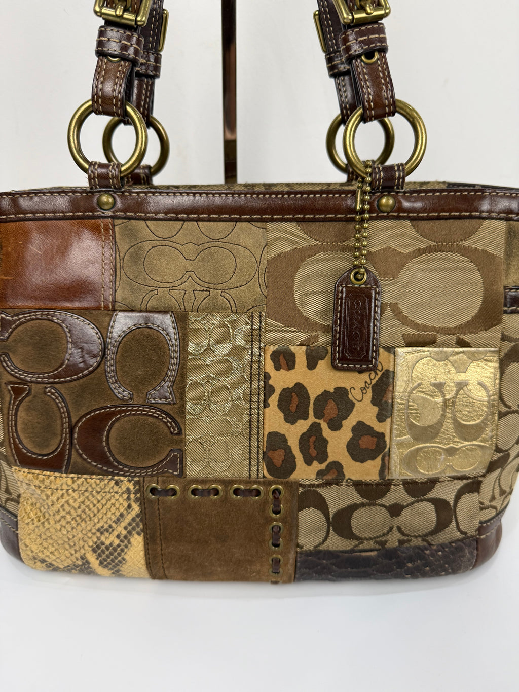 Vintage Coach Patchwork Shoulder Bag Brown Signature Canvas Handbag 00s Y2K