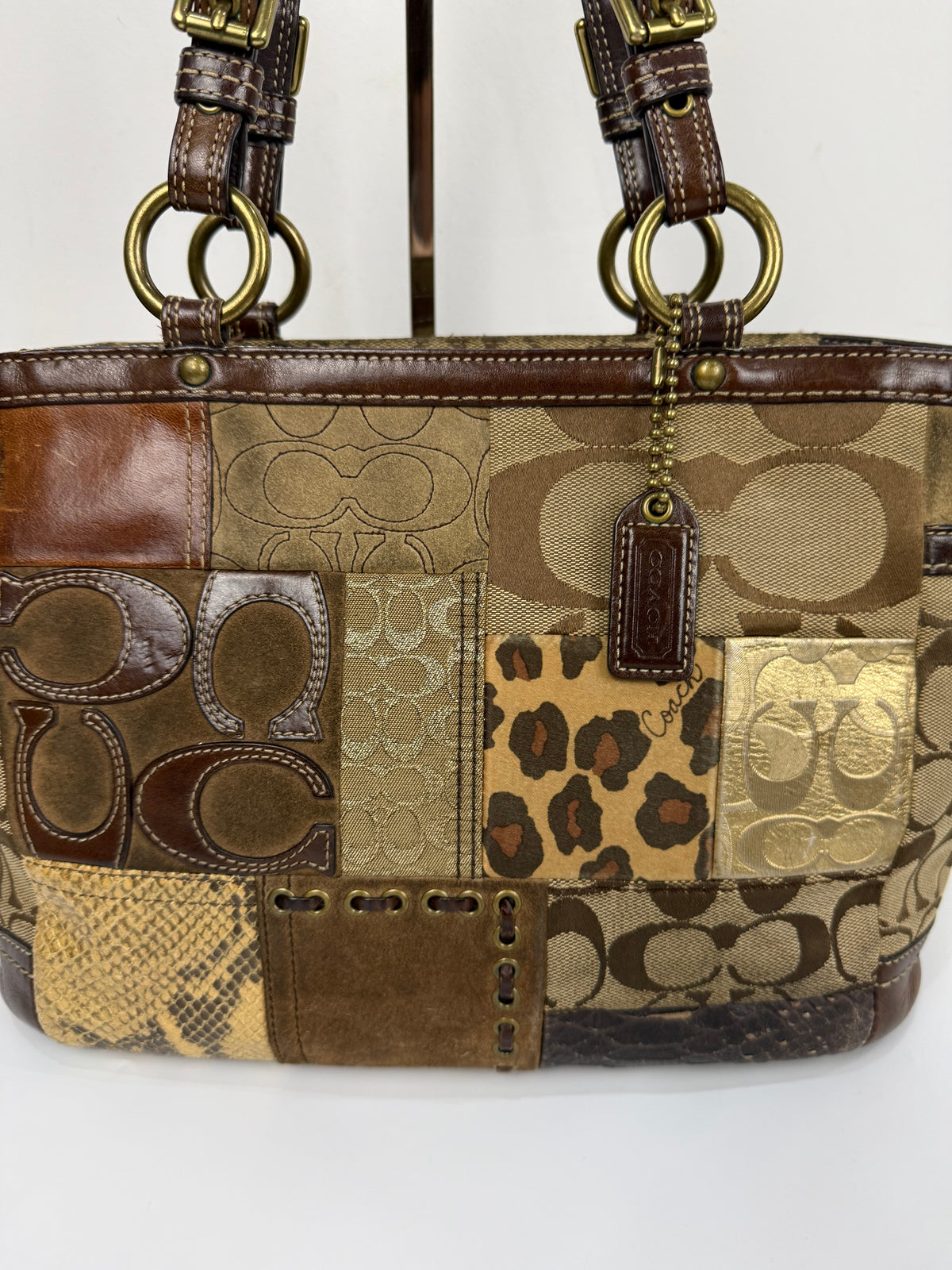 Vintage Coach Patchwork Shoulder Bag Brown Signature Canvas Handbag 00s Y2K