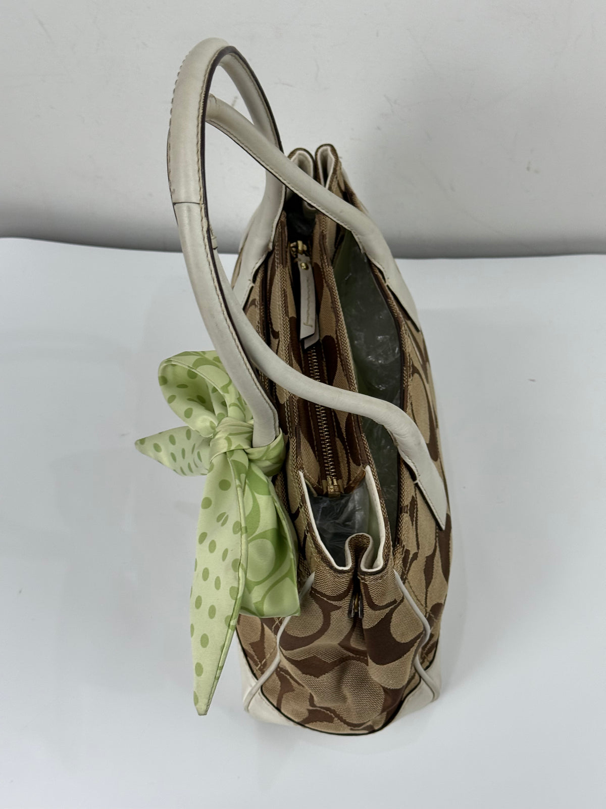 Vintage Coach Hampton Brown/White Tote Bag Coach Signature Y2K HandBag with Scarf