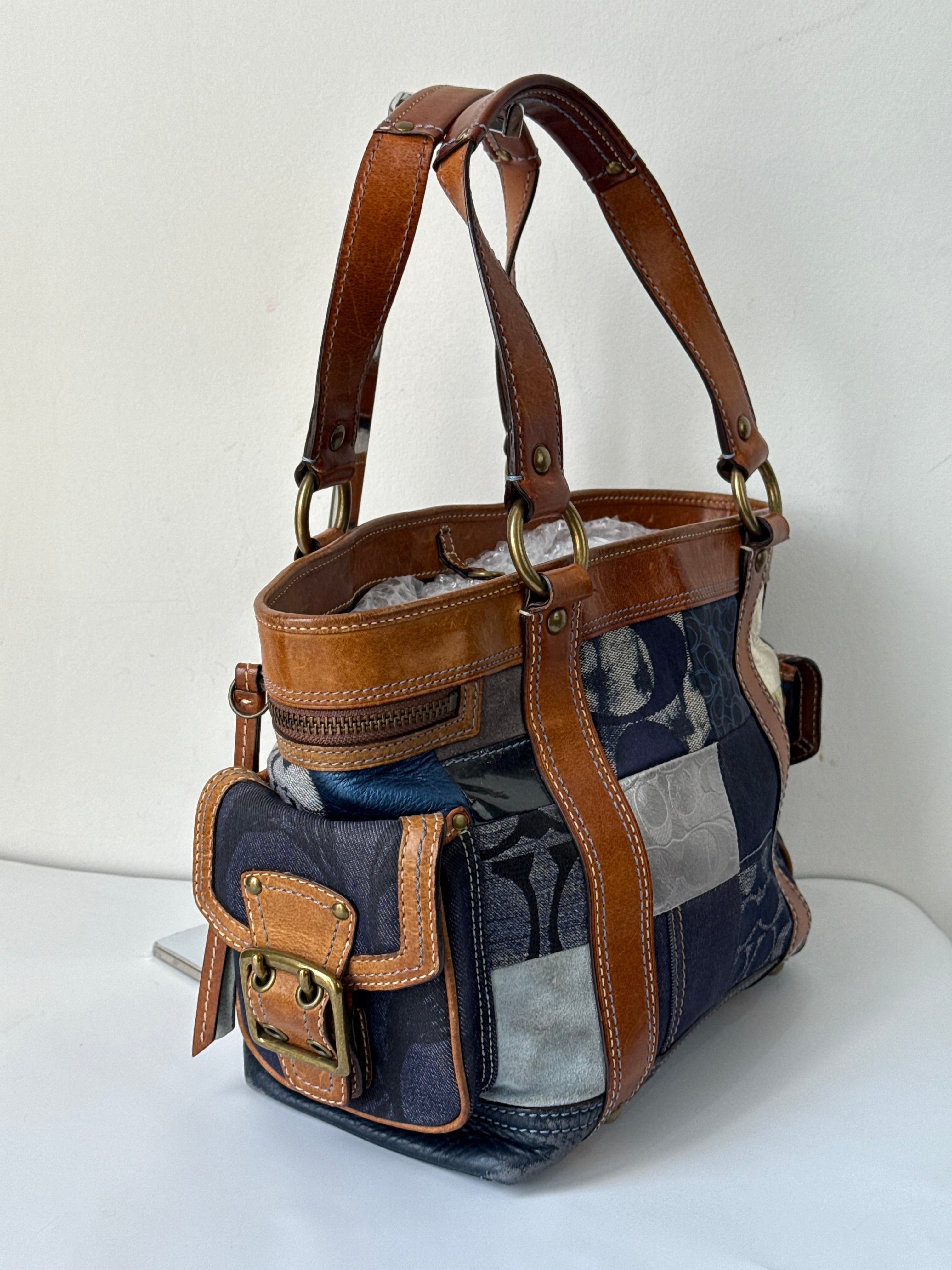 Vintage Coach Blue Denim Patchwork Tote Bag Coach Signature Leather Handbag 00s Y2K
