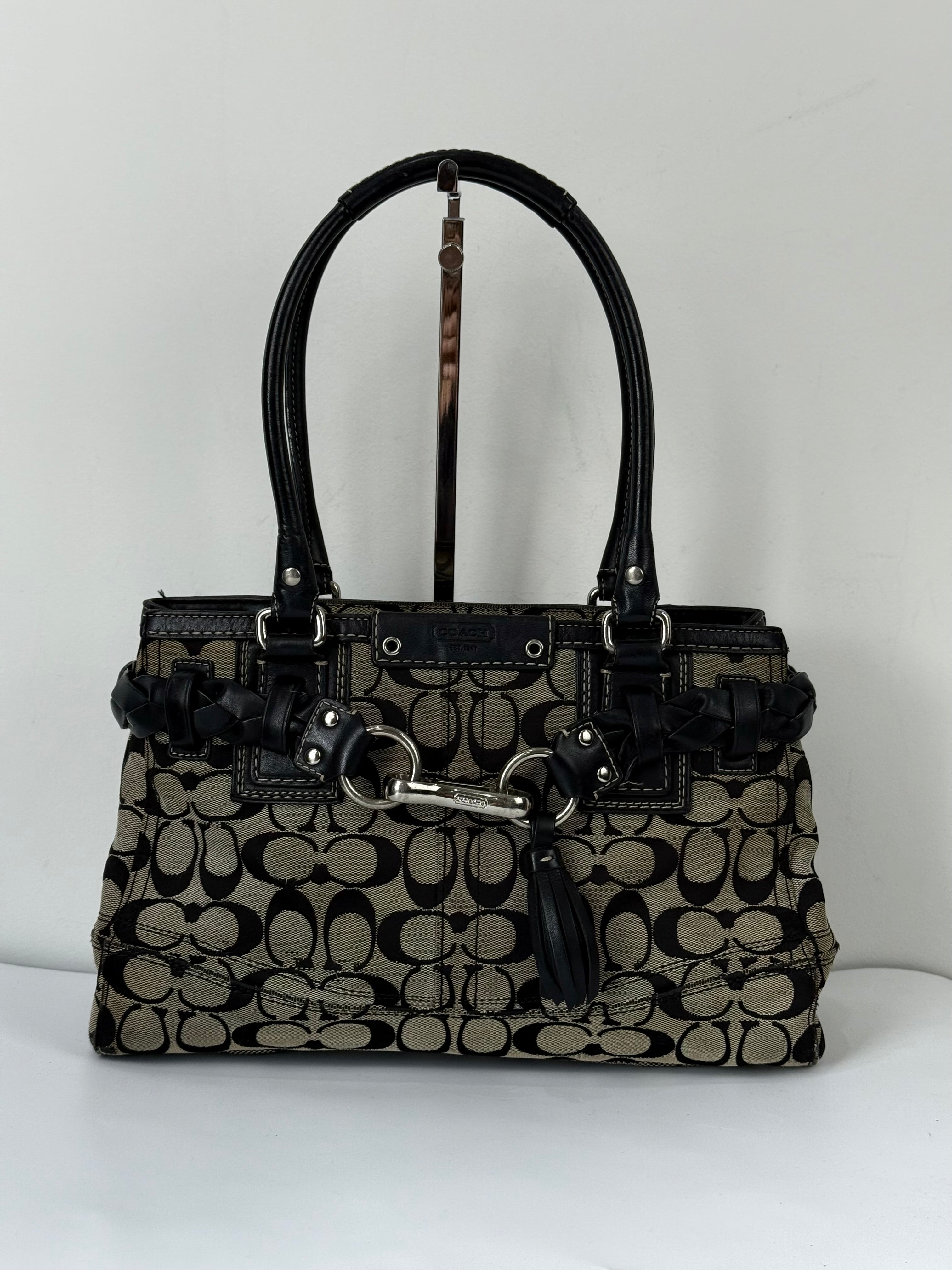 Vintage Coach Hampton Signature Tote Bag Grey and Black Coach Canvas HandBag 00s Y2K