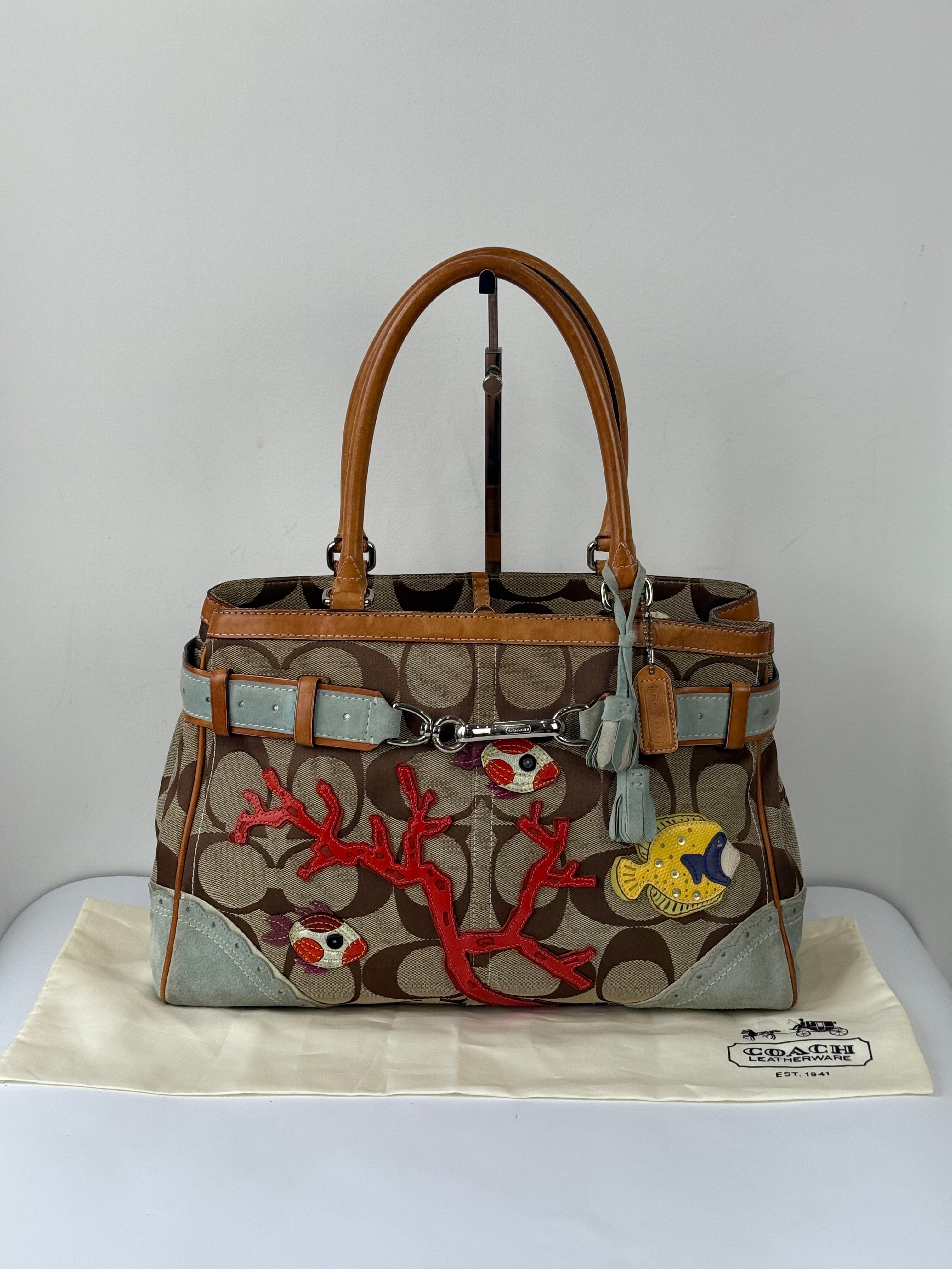 Super Rare Vintage Coach Signature Fish & Coral Appliqué Bag Coach Hampton Leather Satchel Handbag 00s Y2K