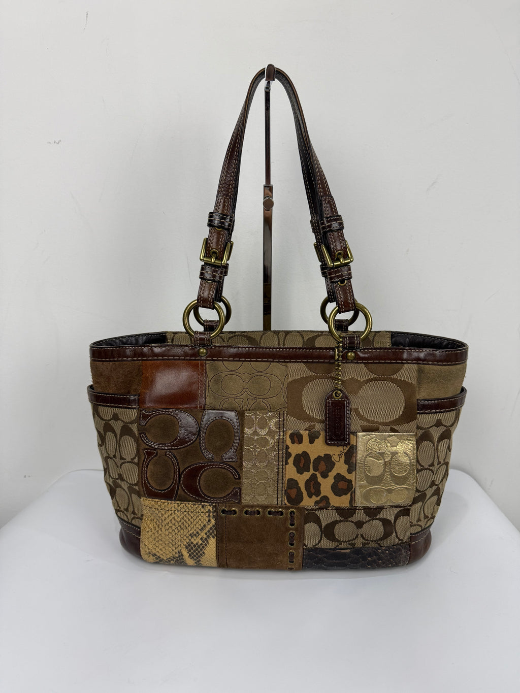 Vintage Coach Patchwork Shoulder Bag Brown Signature Canvas Handbag 00s Y2K