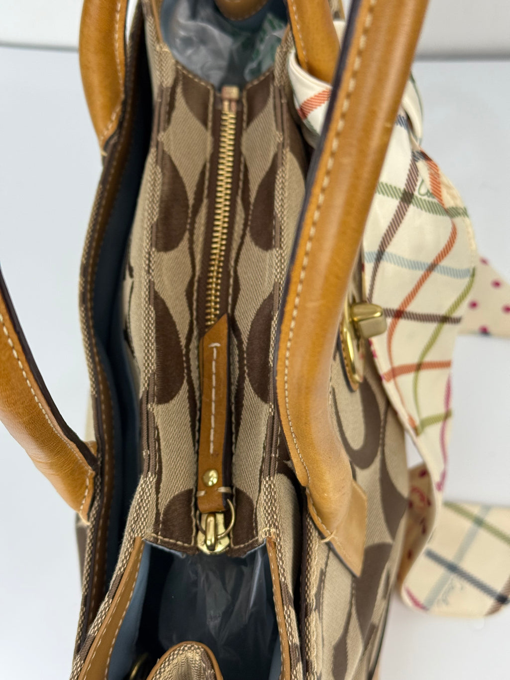 Vintage Coach Hampton Tote Bag Brown and Tan Coach Signature Monogram HandBag with Scarf 90s 00s Y2K Shoulder Bag