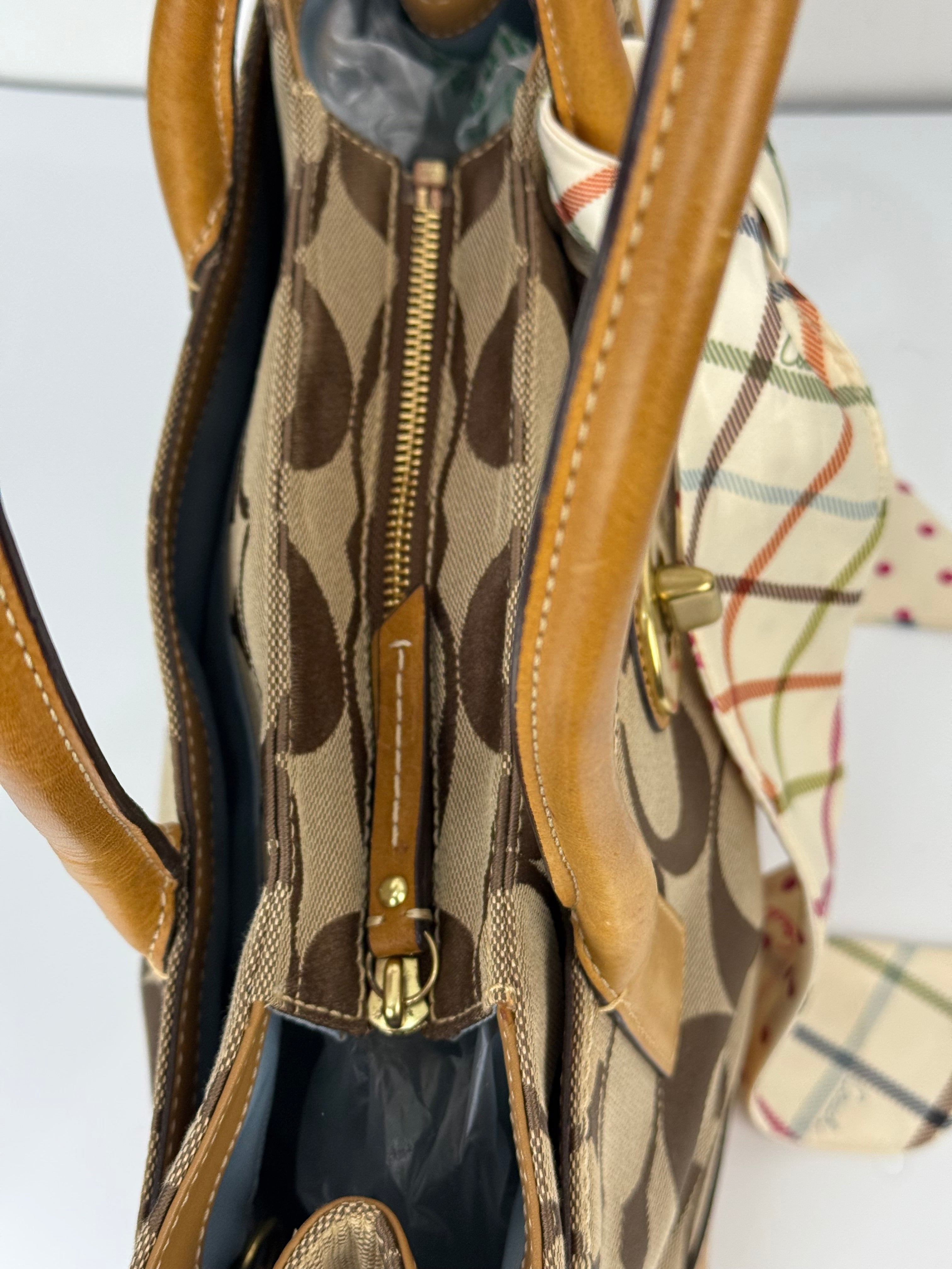 Vintage Coach Hampton Tote Bag Brown and Tan Coach Signature Monogram HandBag with Scarf 90s 00s Y2K Shoulder Bag