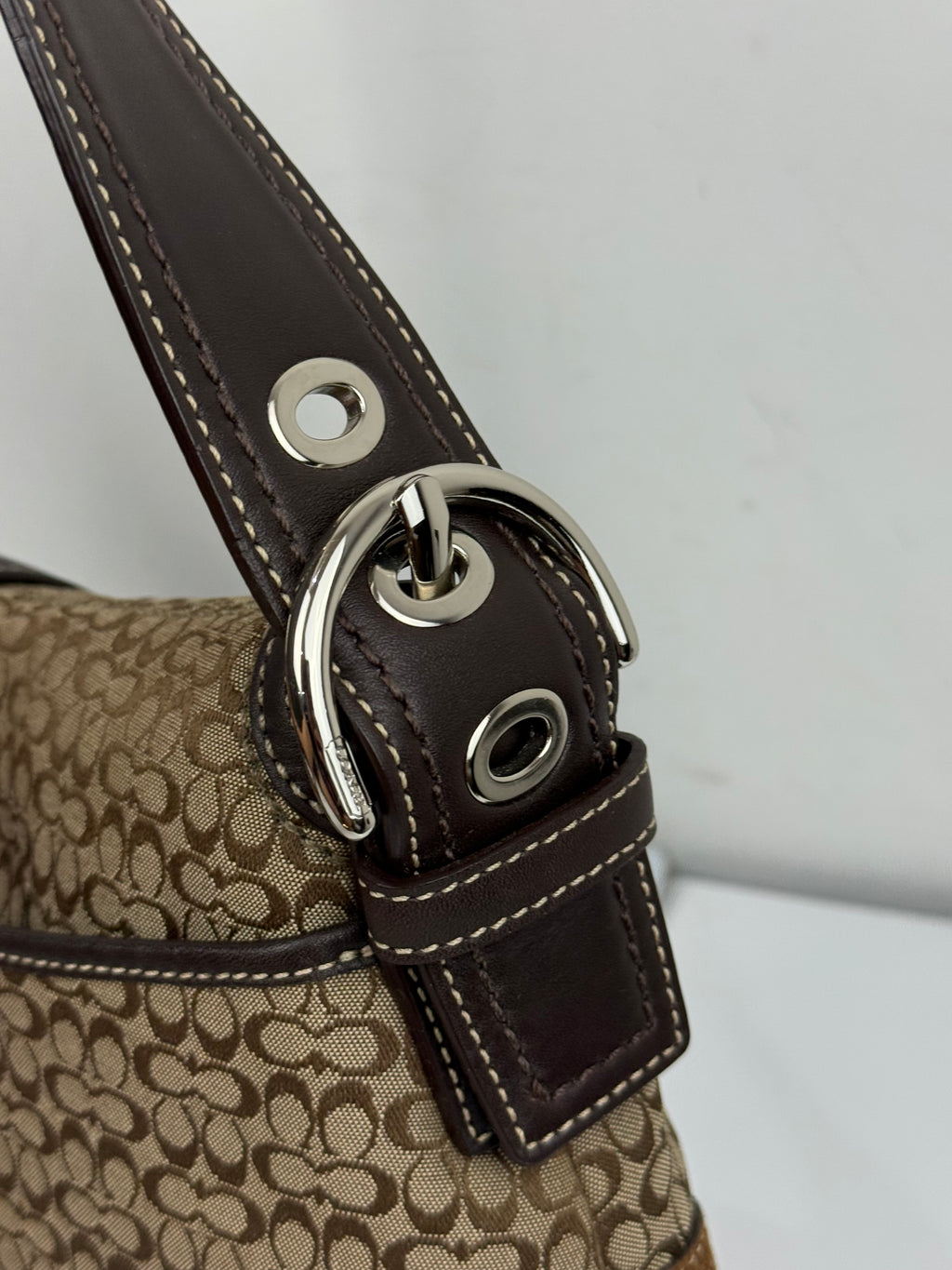 Vintage Coach Soho Shoulder Bag Brown Signature & Suede Canvas Handbag 00s Y2K