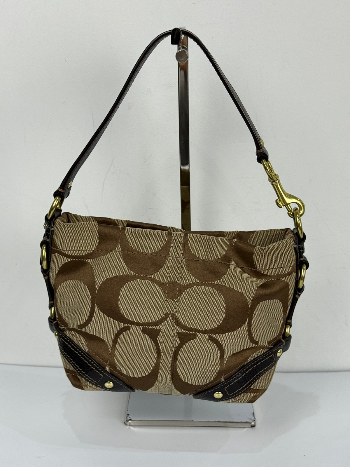 Vintage Coach Mini Carly Shoulder Bag Brown & Beige Signature Hobo Handbag 00s Y2K