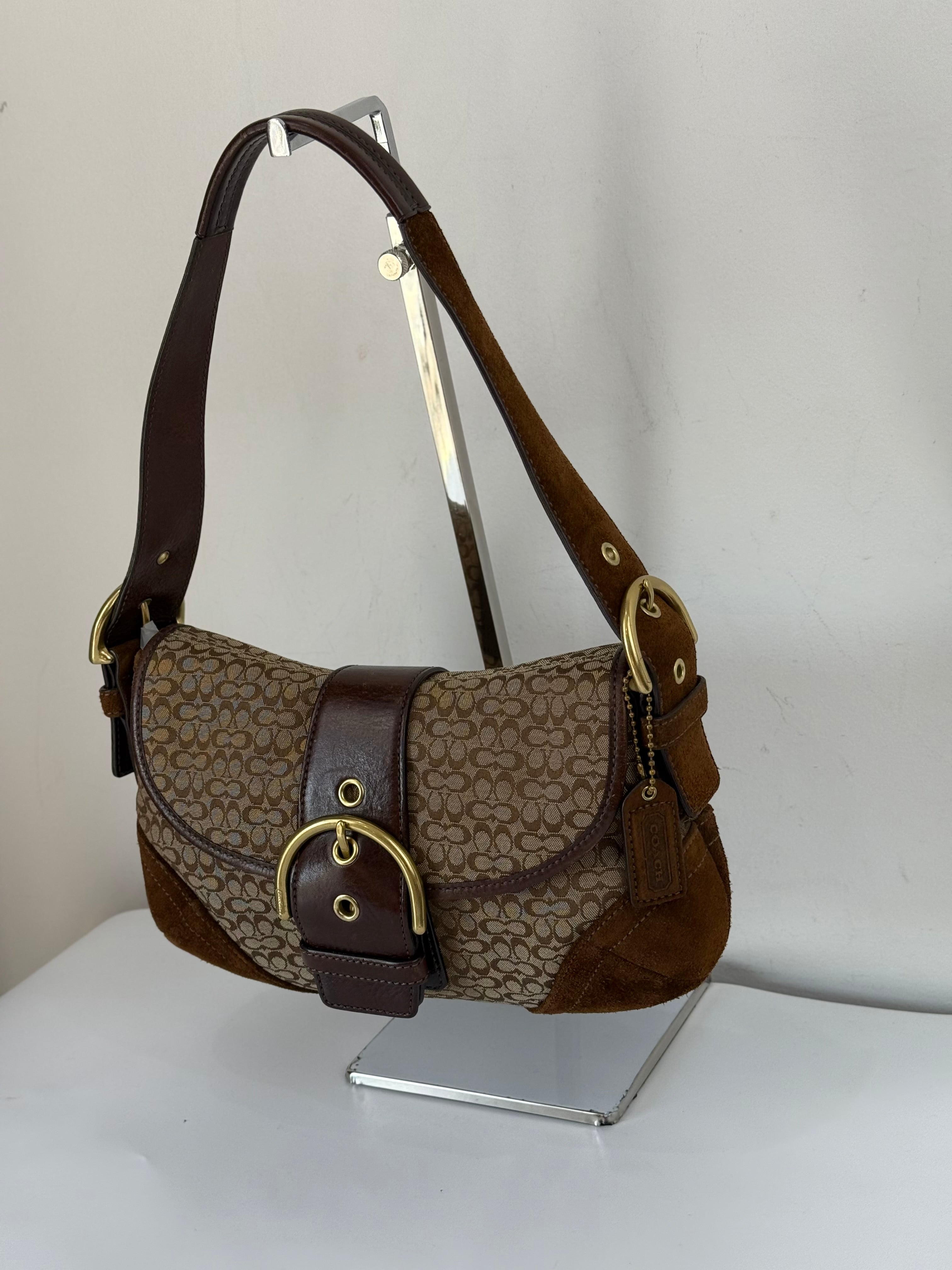Vintage Coach Soho Shoulder Bag Brown Signature & Suede Canvas  Handbag 00s Y2K