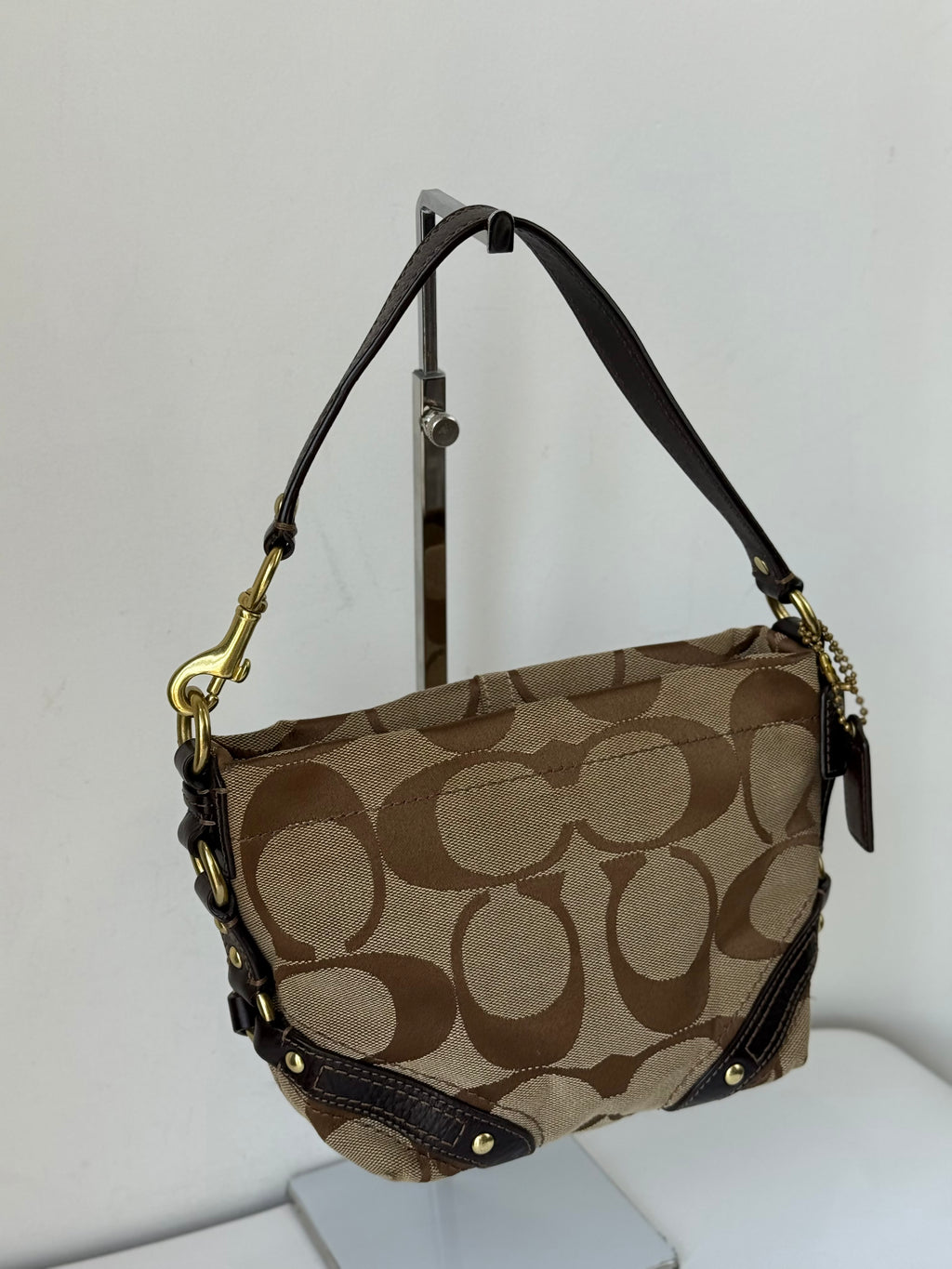 Vintage Coach Mini Carly Shoulder Bag Brown & Beige Signature Hobo Handbag 00s Y2K