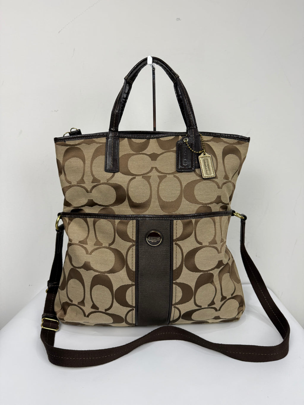 Vintage Coach Signature Stripe Fold over Tote Bag Brown/Beige Shoulder Bag Y2K