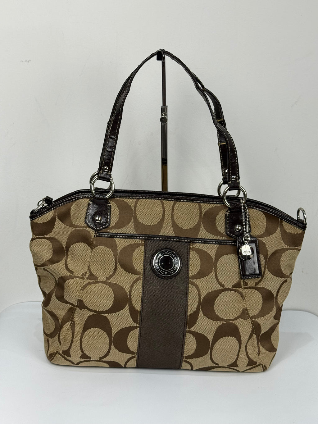 Vintage Coach Signature Stripe Pocket Satchel Bag Brown/Beige Tote Bag Y2K