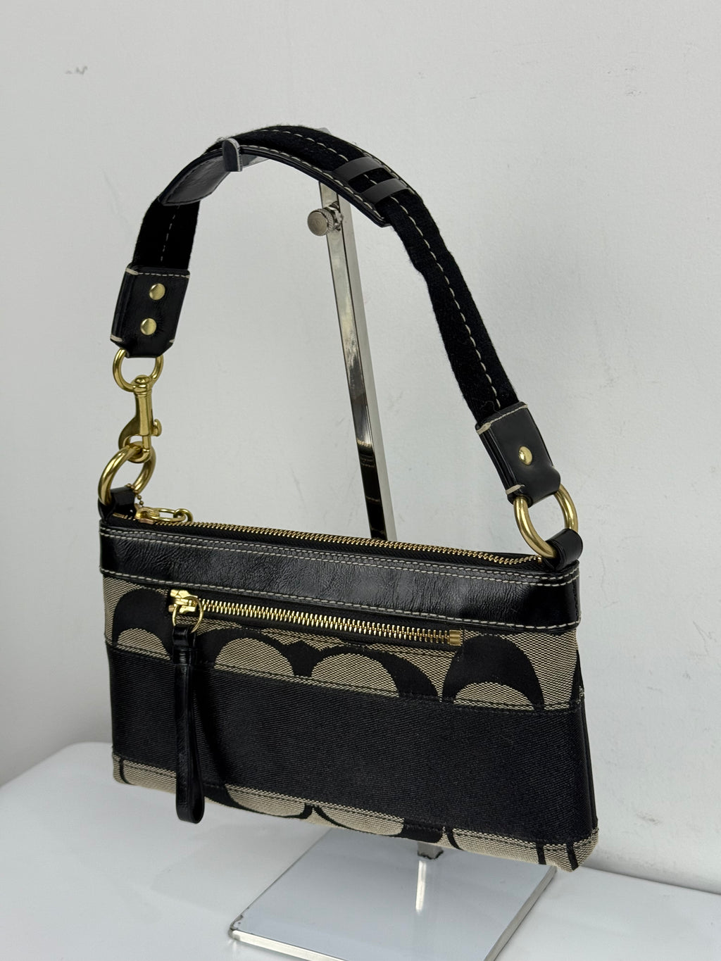 Vintage Coach Signature Stripe Shoulder Bag Coach Black/Grey Y2K HandBag