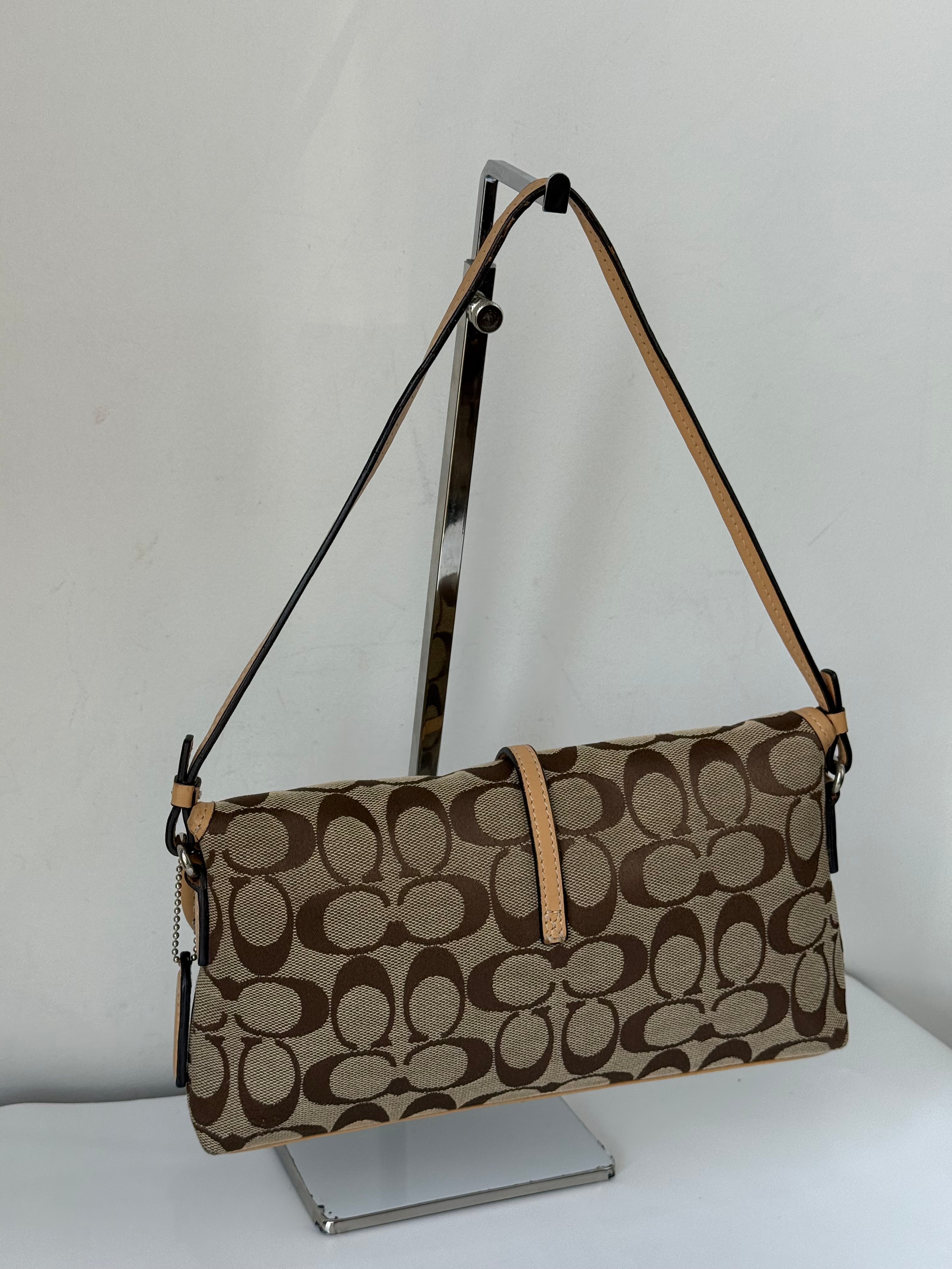 Vintage Coach Demi Clip Bag Brown Tan Signature Canvas Shoulder Bag Y2K