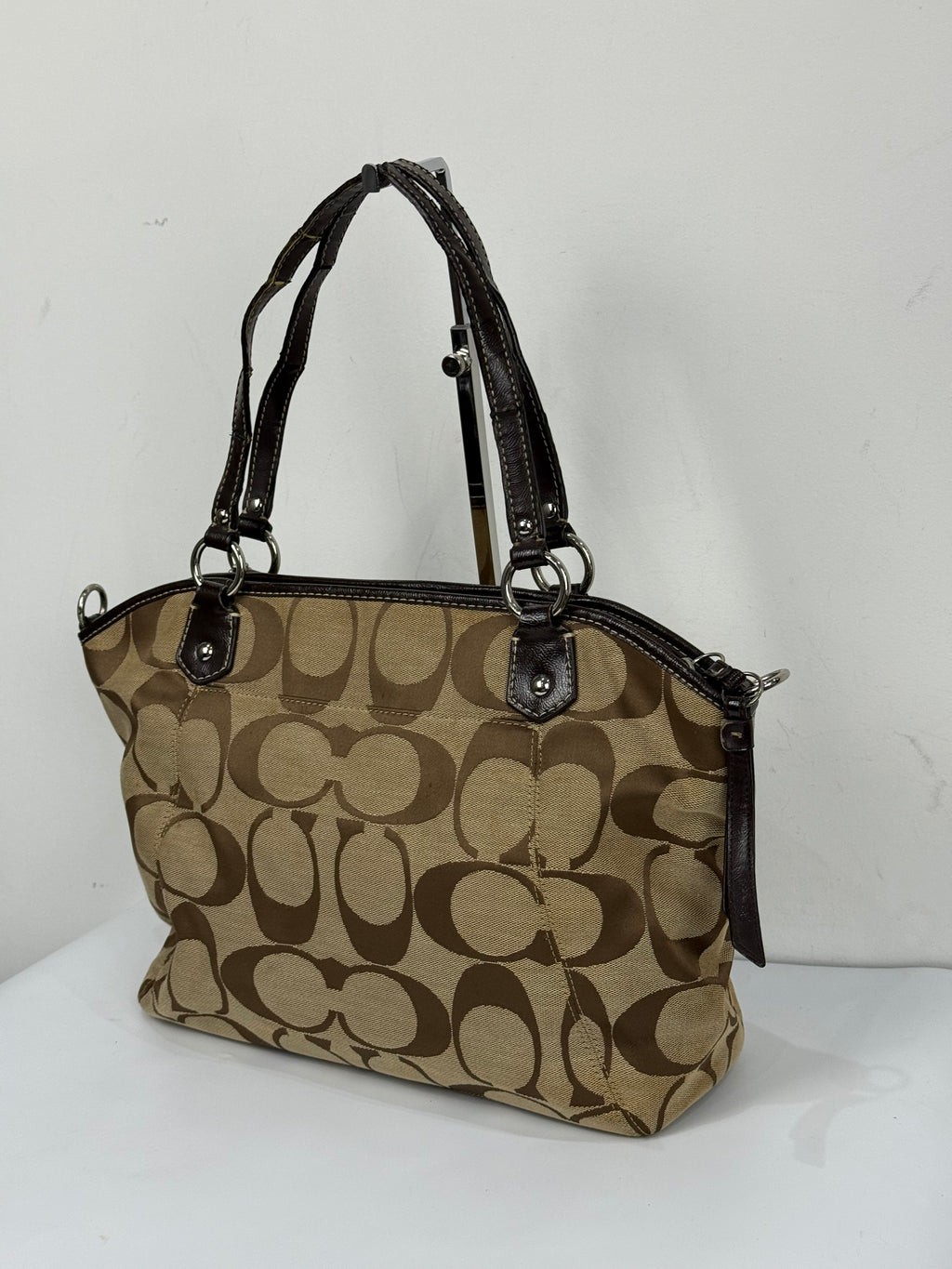 Vintage Coach Signature Stripe Pocket Satchel Bag Brown/Beige Tote Bag Y2K