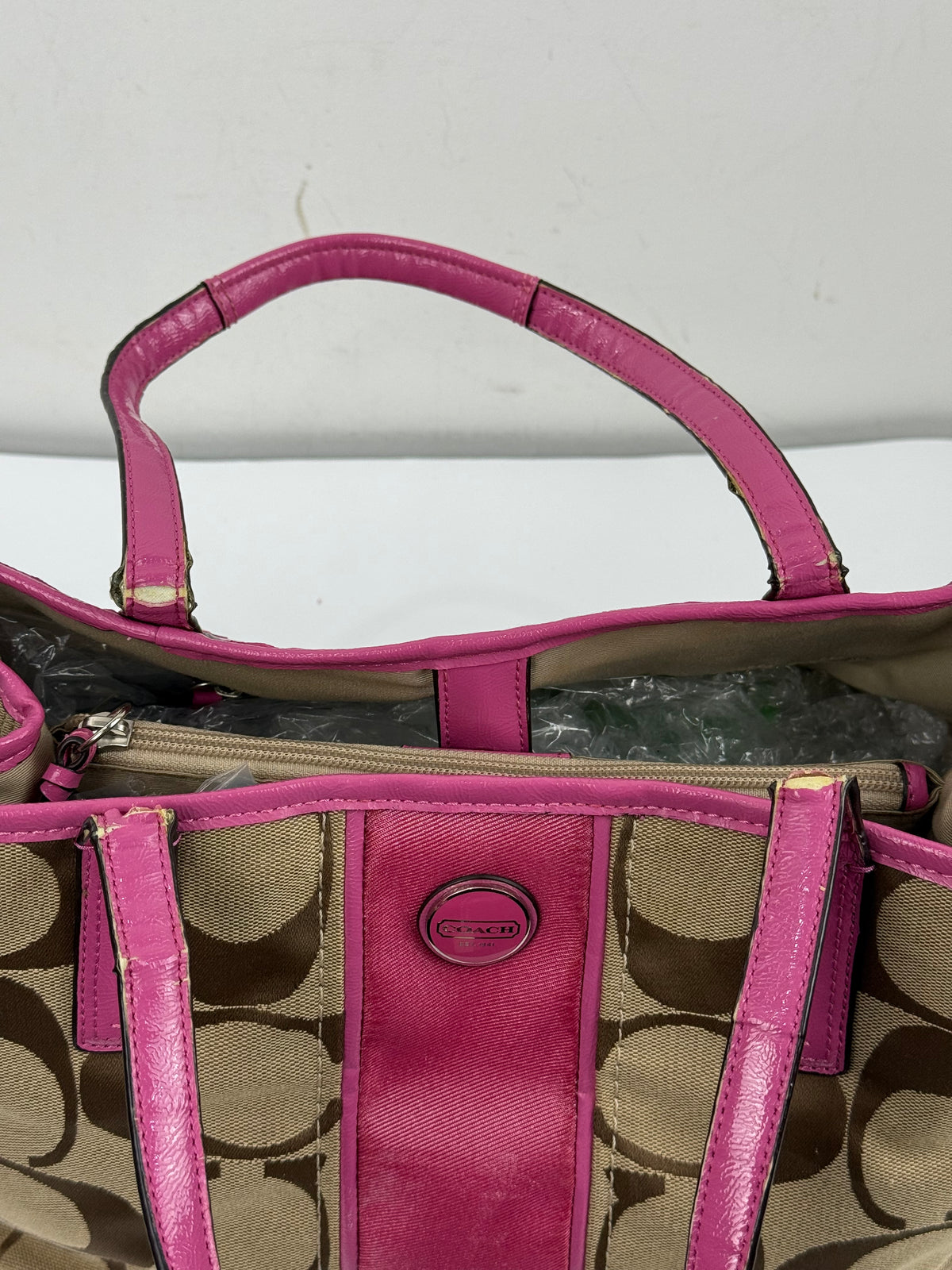 Vintage Coach Signature Stripe Carryall Tote Bag Beige Brown Coach Canvas with Pink Leather HandBag 00s Y2K