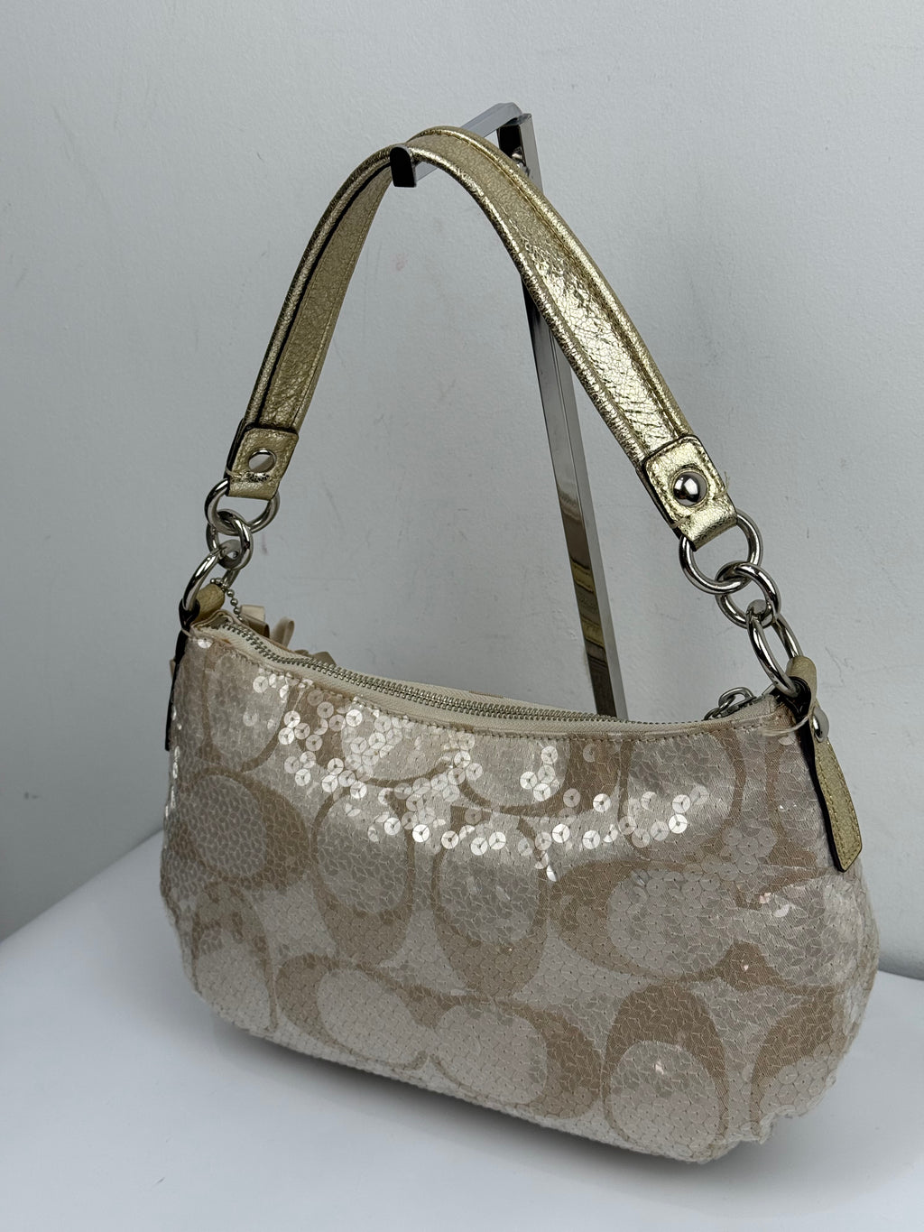 Vintage Coach Sequin Poppy Shoulder Bag Beige/Gold Handbag 00s Y2K