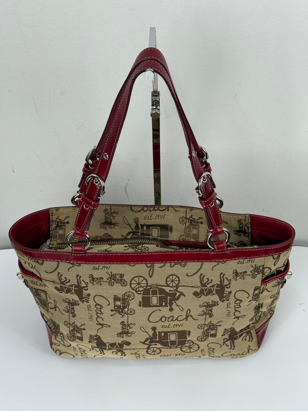 Vintage Coach Horse & Carriage Tote Bag Coach Red Patent Leather Trim Shoulder Bag 00s Y2K