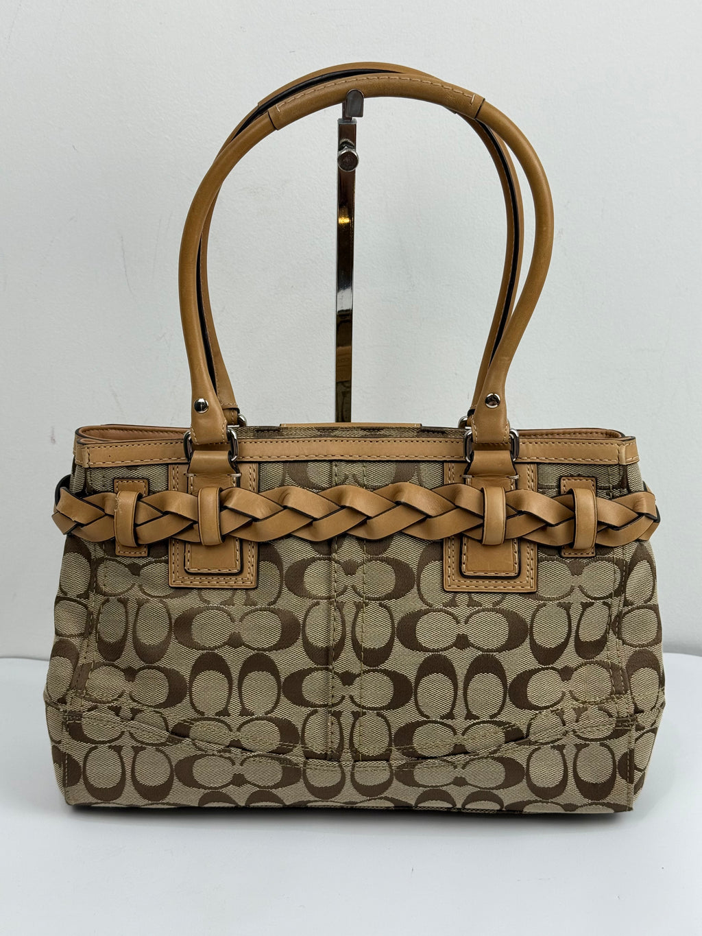 Vintage Coach Hampton Brown/Beige Signature Canvas HandBag Braided Leather 00s Y2K