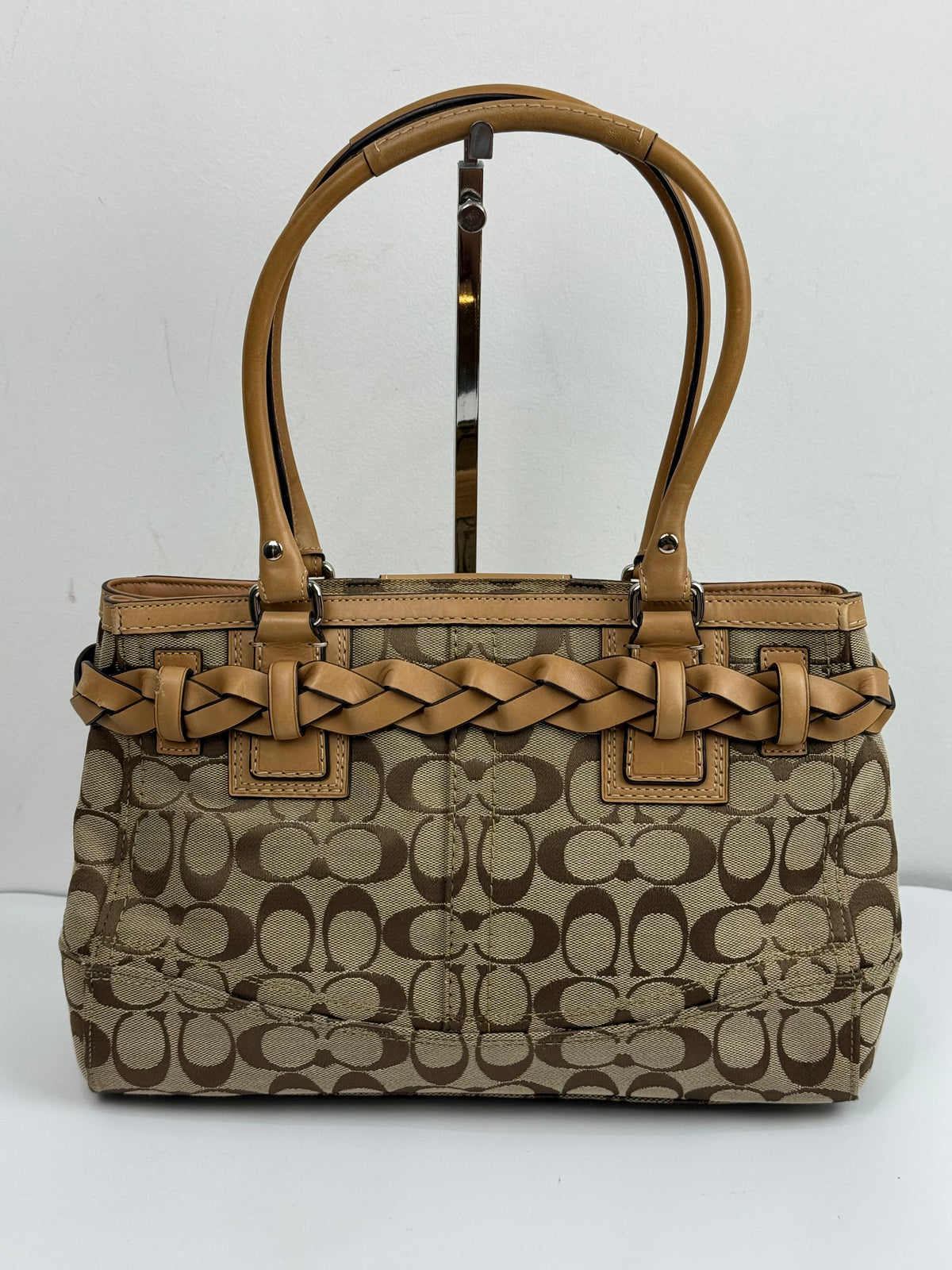 Vintage Coach Hampton Brown/Beige Signature Canvas HandBag Braided Leather 00s Y2K