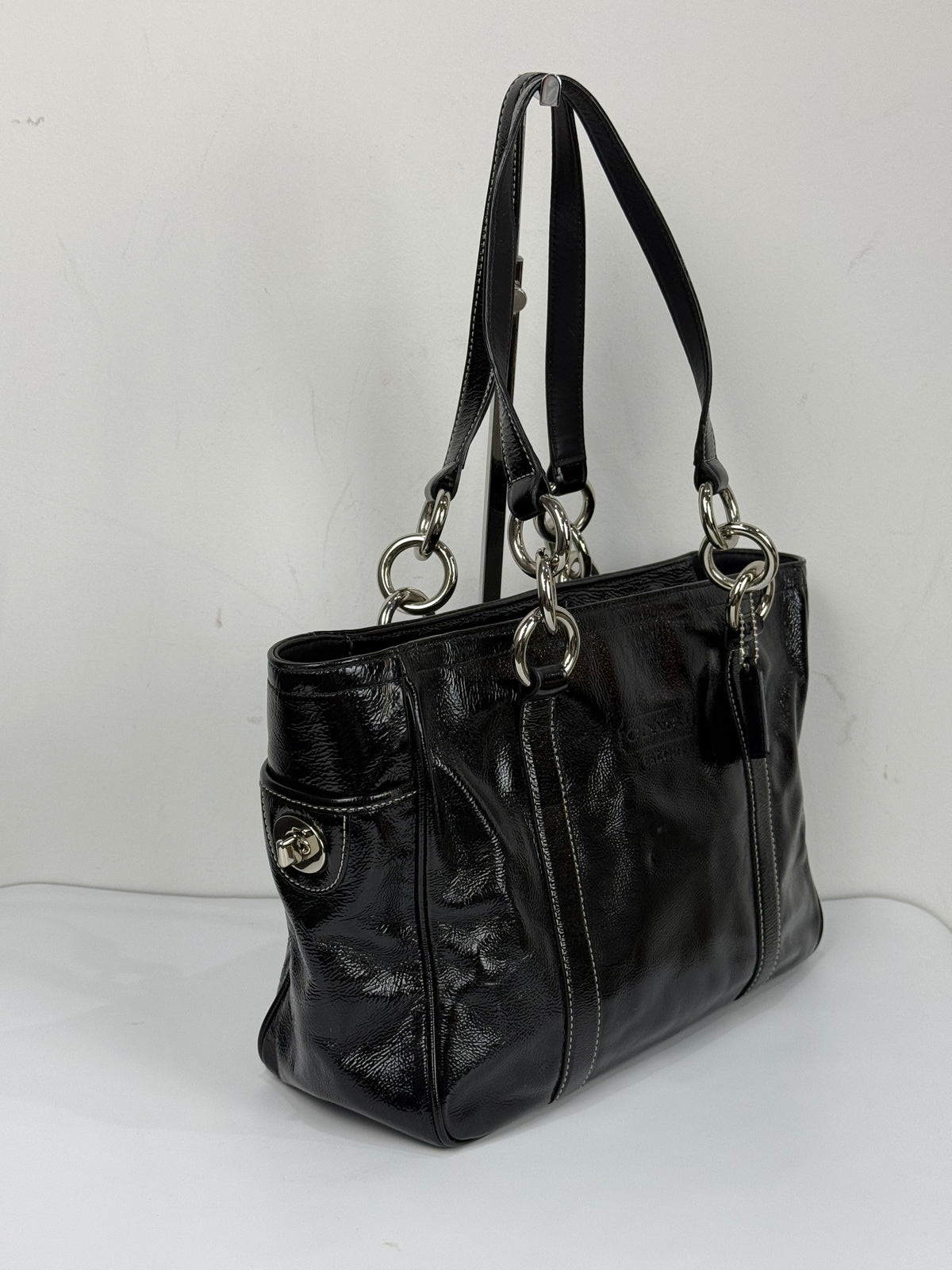 Vintage Coach East West Gallery Tote Bag Coach Black Patent Leather HandBag 00s Y2K