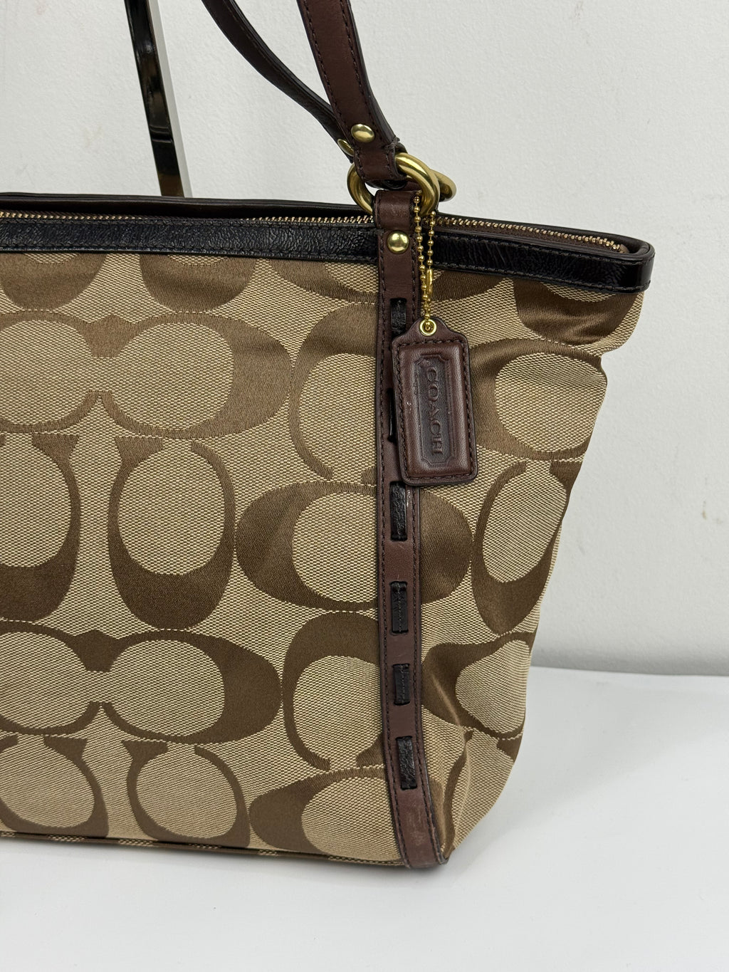 Vintage Coach Signature Zip-Top Tote Bag Brown/Beige Canvas Handbag 00s Y2K
