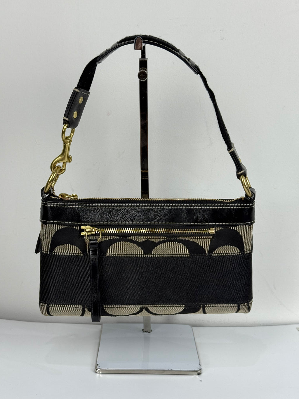 Vintage Coach Signature Stripe Shoulder Bag Coach Black/Grey Y2K HandBag