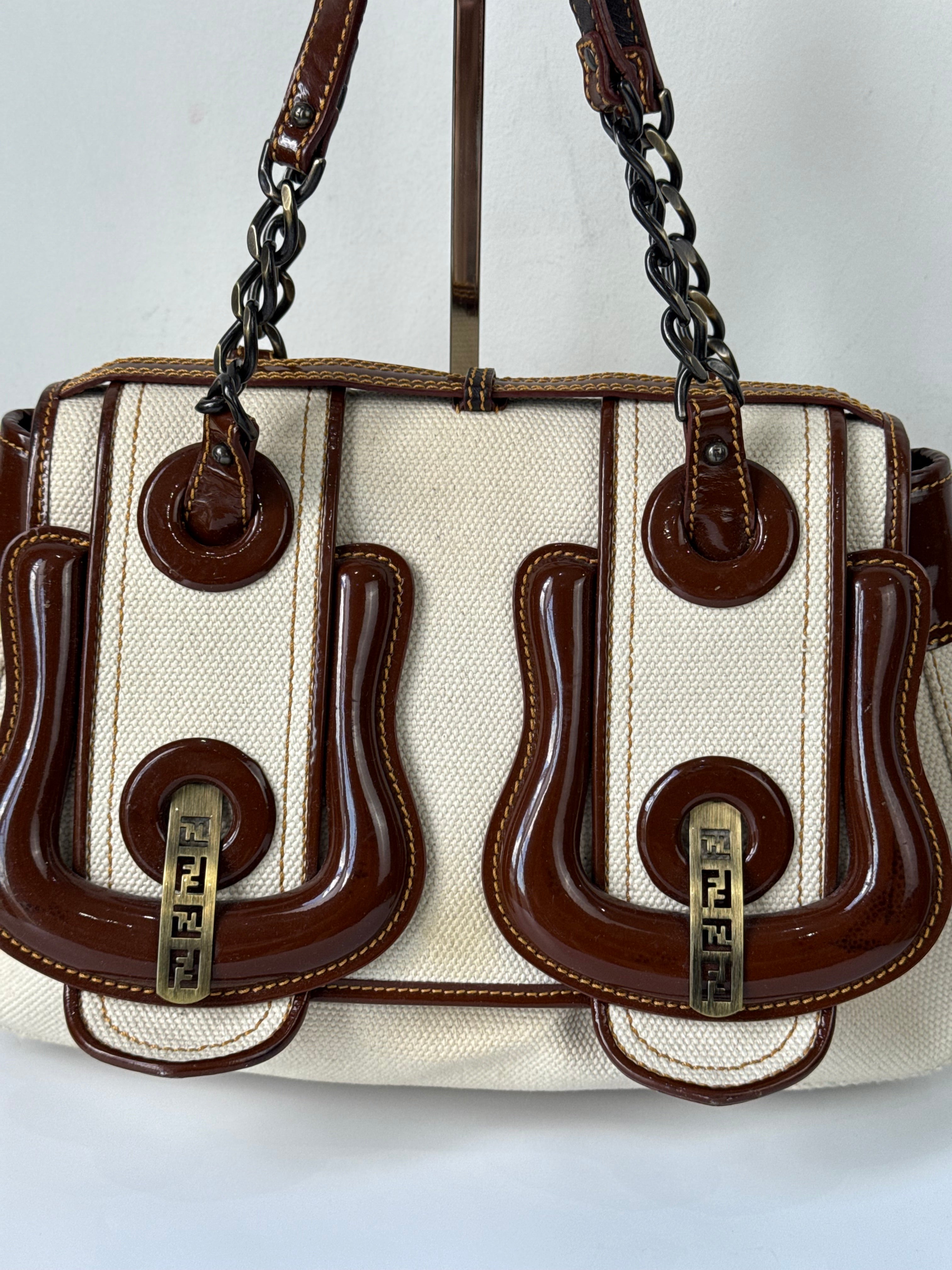 Vintage Fendi B Bag Brown Leather and White Canvas Fendi Handbag 00s Y2K