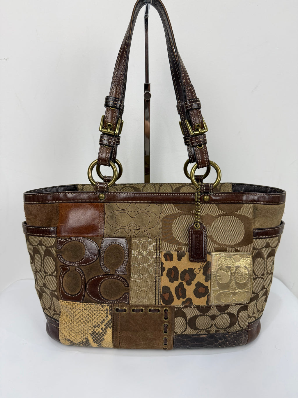 Vintage Coach Patchwork Shoulder Bag Brown Signature Canvas Handbag 00s Y2K