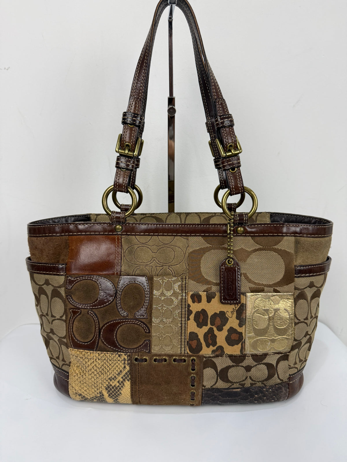 Vintage Coach Patchwork Shoulder Bag Brown Signature Canvas Handbag 00s Y2K