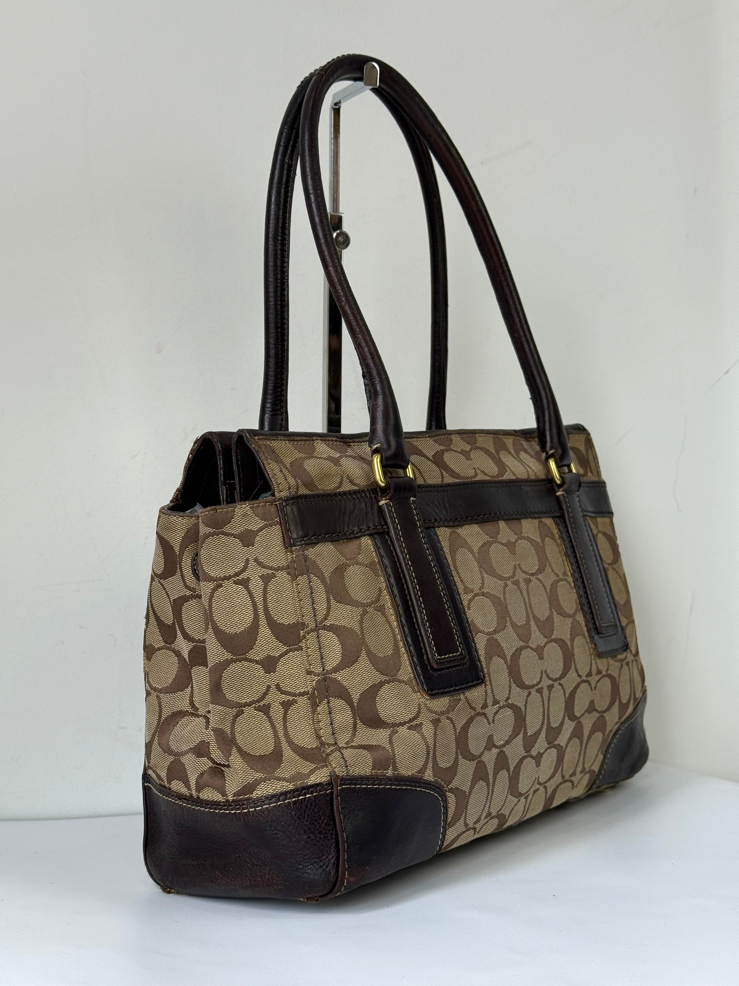 Vintage Coach Hampton Tote Bag Brown & Beige Signature Shoulder Bag 00s Y2K Handbag