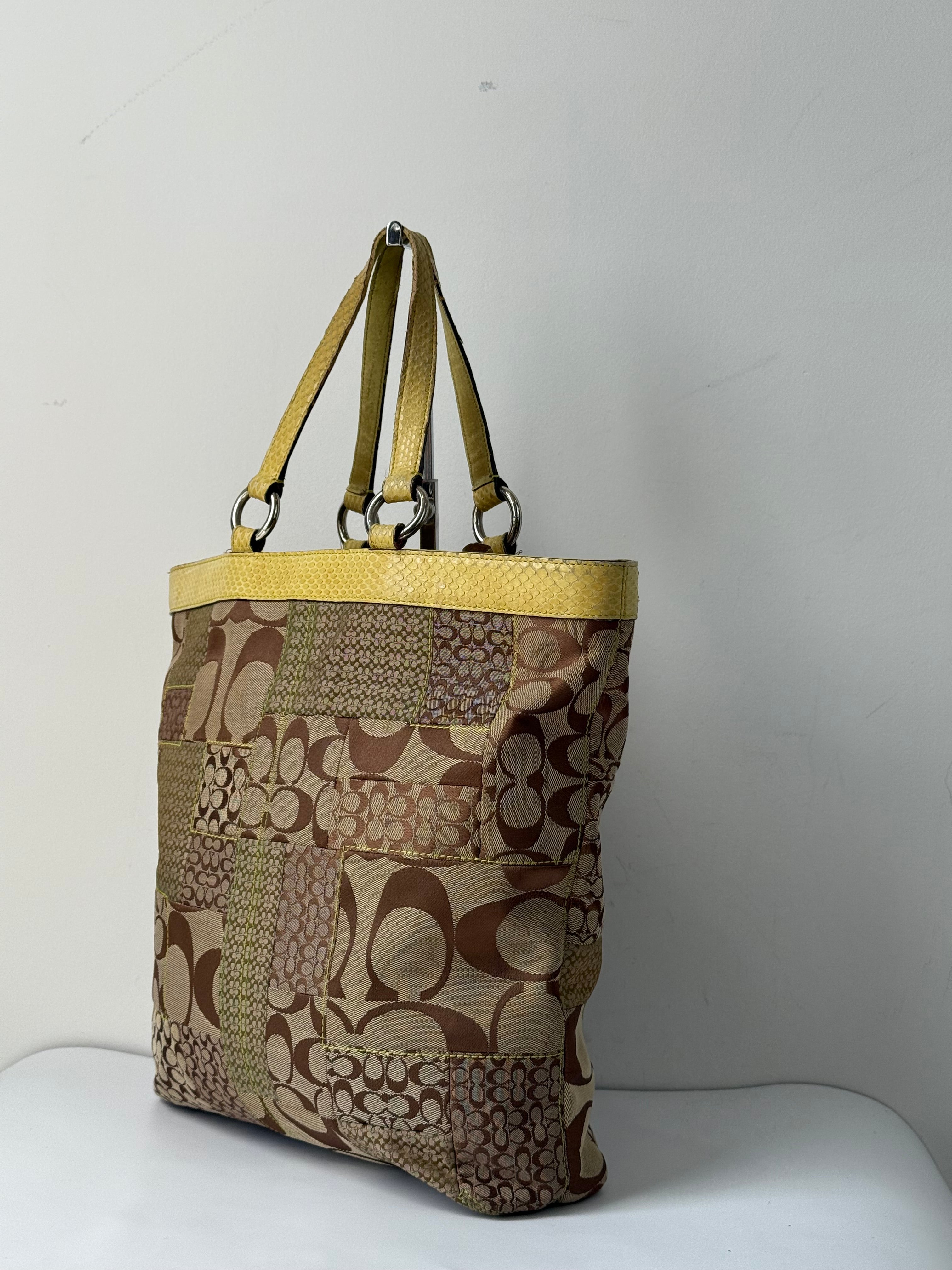 Vintage Coach Patchwork Tote Bag Coach Brown Signature Yellow Leather Handbag 00s Y2K