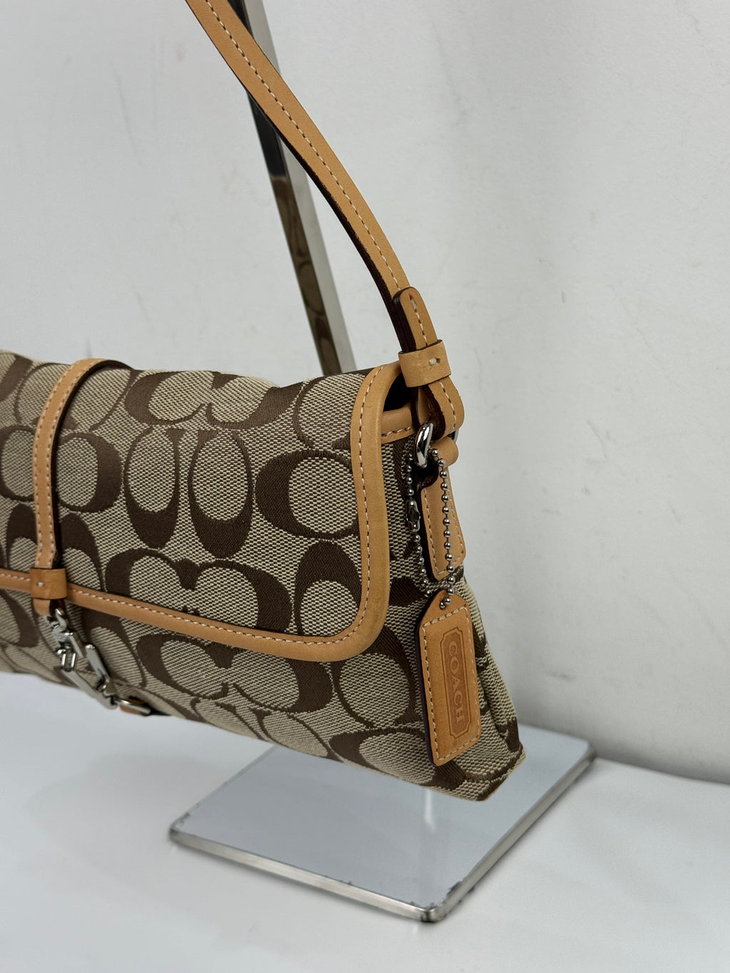 Vintage Coach Demi Clip Bag Brown Tan Signature Canvas Shoulder Bag Y2K