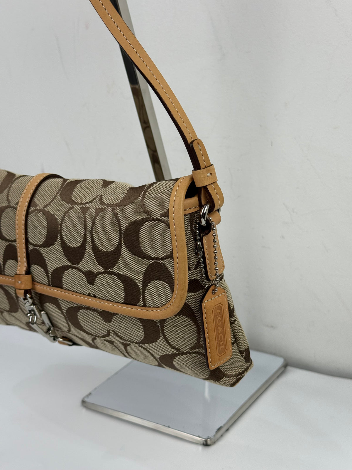 Vintage Coach Demi Clip Bag Brown Tan Signature Canvas Shoulder Bag Y2K