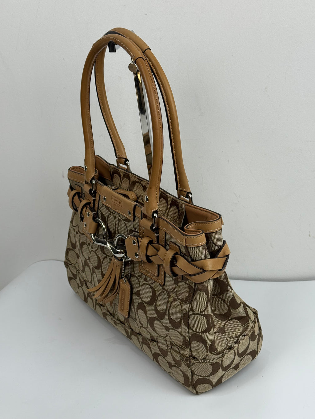 Vintage Coach Hampton Brown/Beige Signature Canvas HandBag Braided Leather 00s Y2K