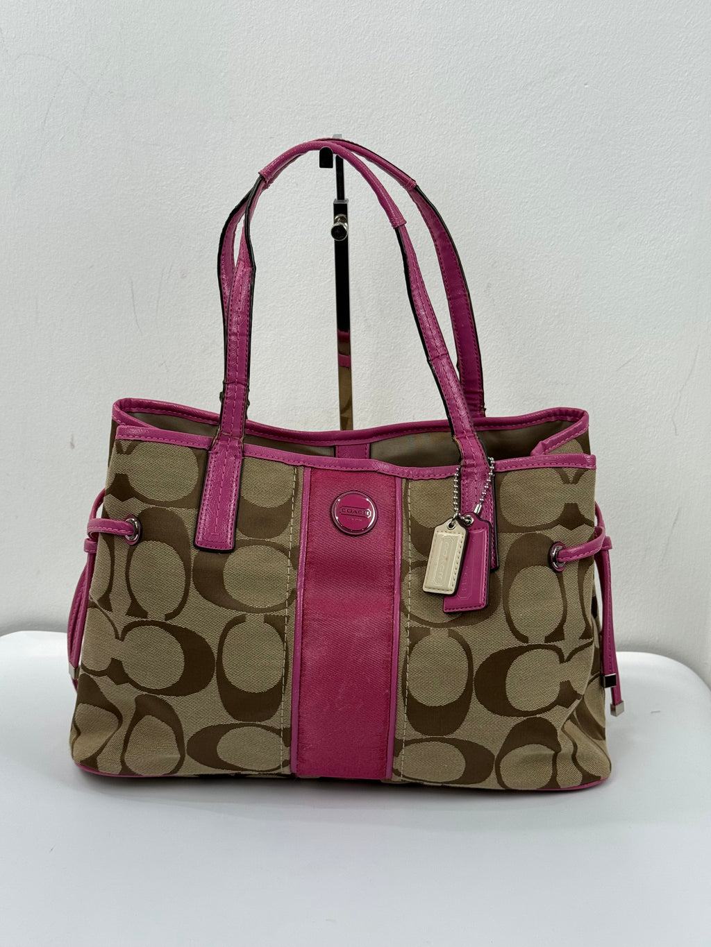 Vintage Coach Signature Stripe Carryall Tote Bag Beige Brown Coach Canvas with Pink Leather HandBag 00s Y2K