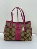 Vintage Coach Signature Stripe Carryall Tote Bag Beige Brown Coach Canvas with Pink Leather HandBag 00s Y2K