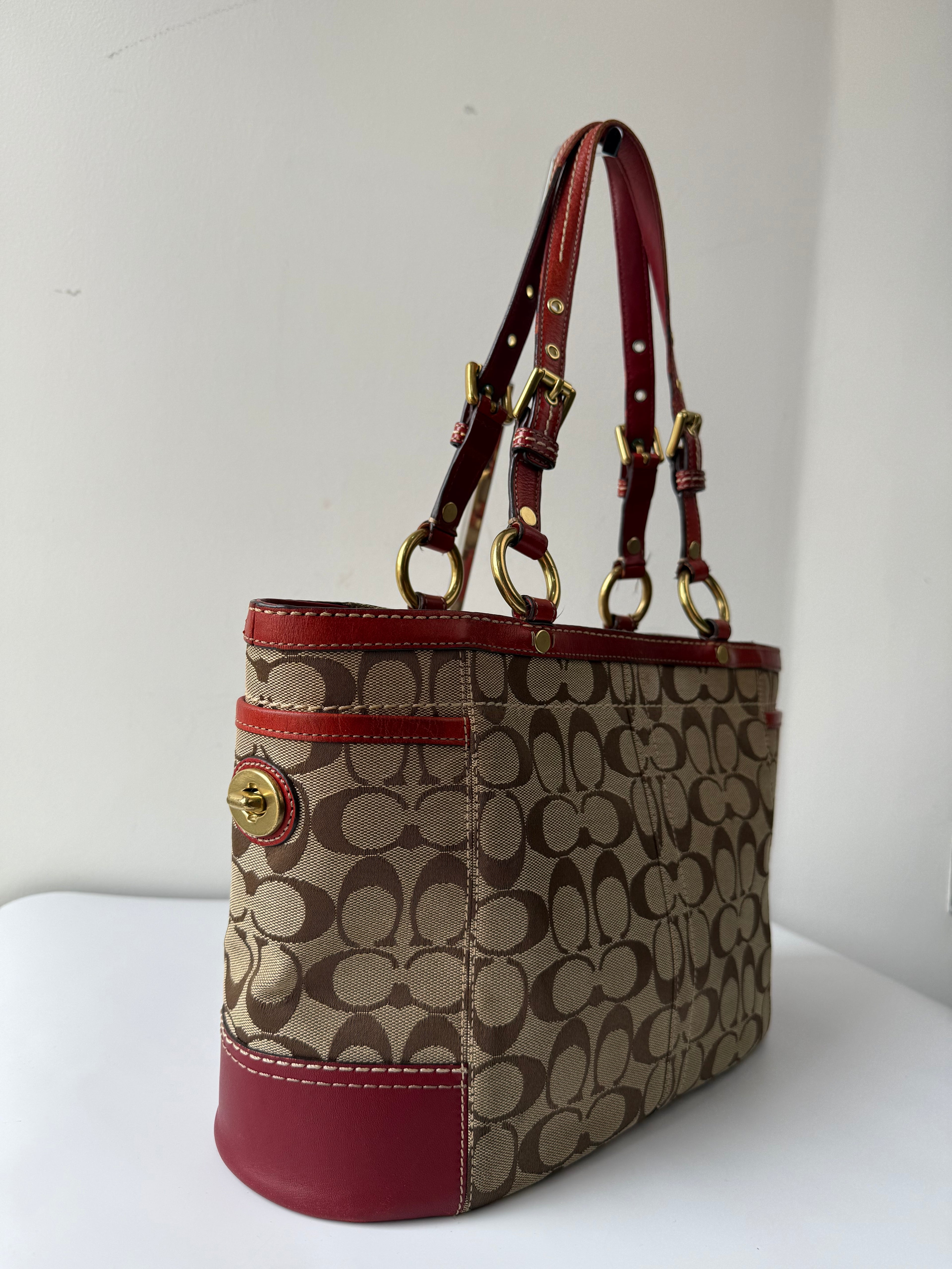 Vintage Coach Gallery Tote Bag Beige Brown Signature Red Leather Shoulder Bag