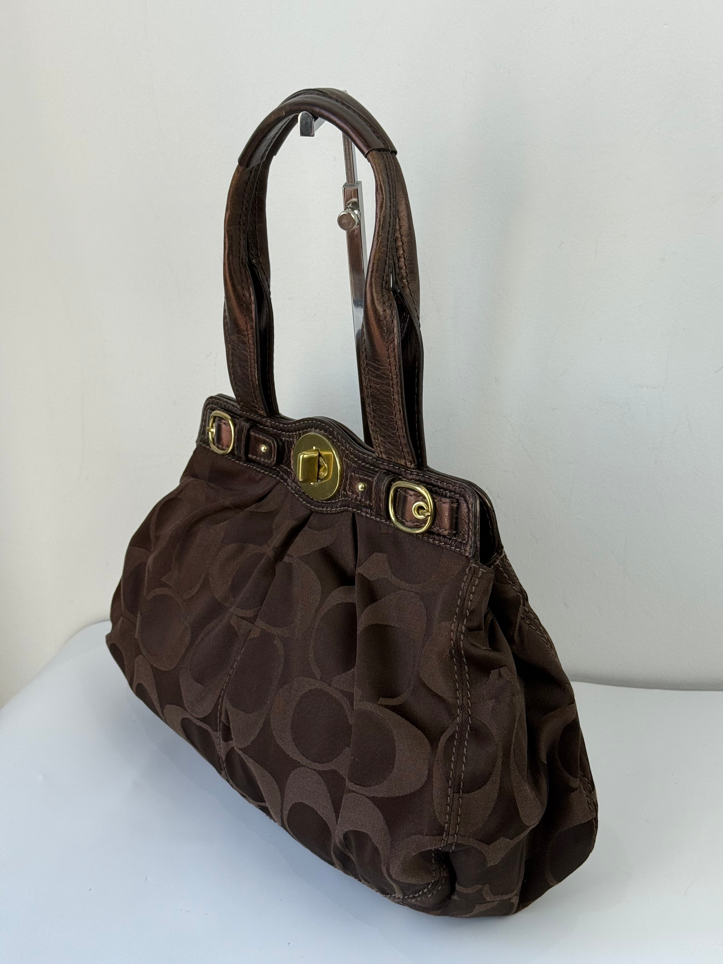 Vintage Coach Satin Pleeted TurnLock  Satchel Bag Brown Signature Coach Handbag 00s Y2K