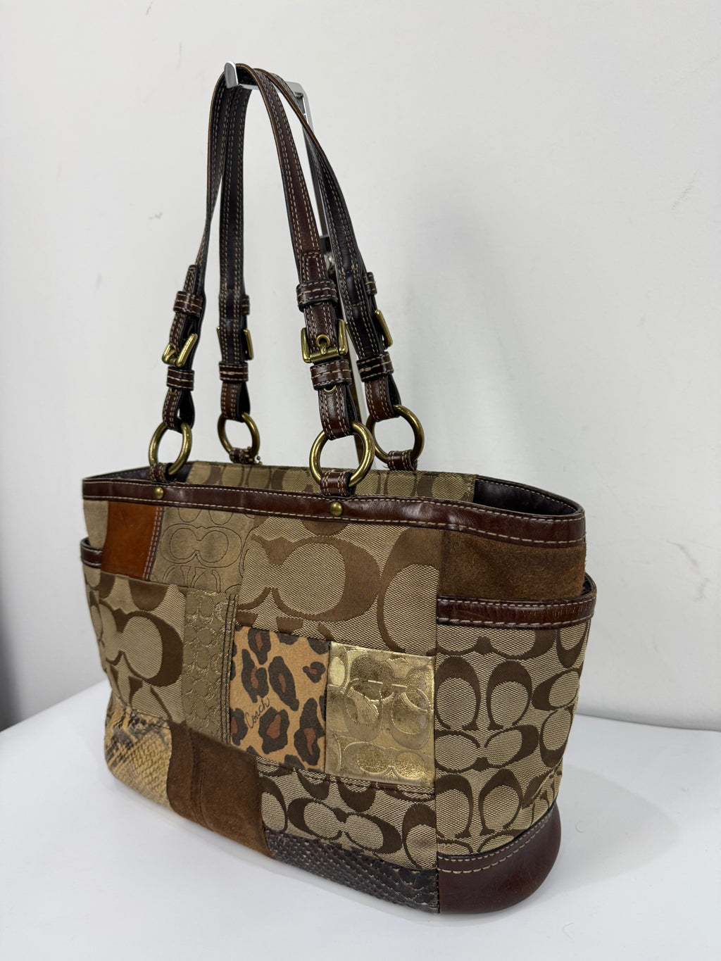Vintage Coach Patchwork Shoulder Bag Brown Signature Canvas Handbag 00s Y2K