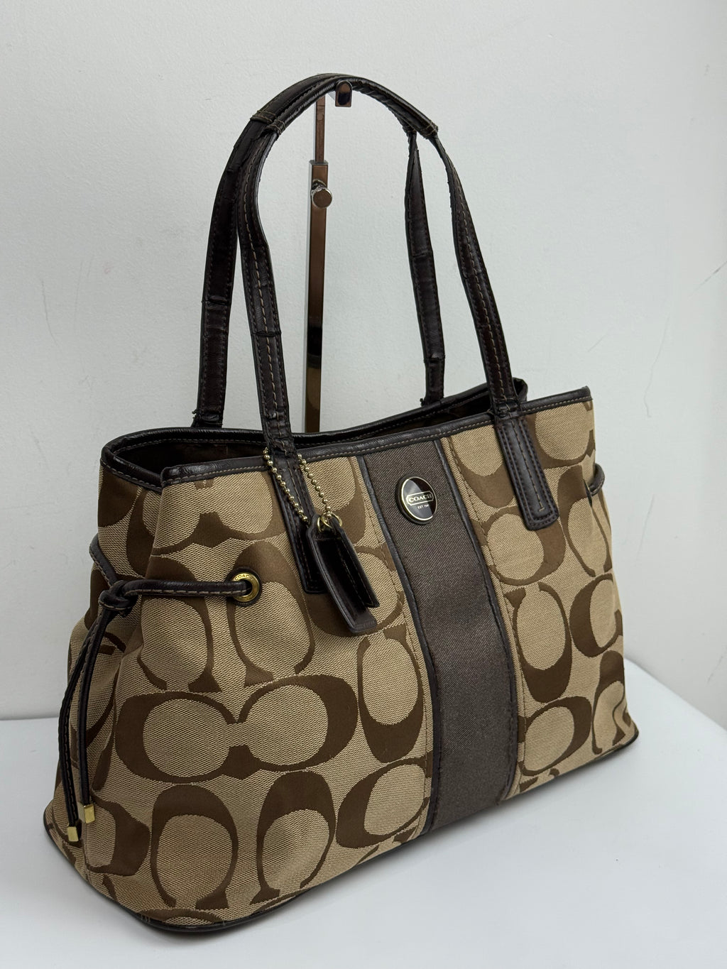 Vintage Coach Signature Stripe Carryall Tote Bag Beige Brown Coach Canvas HandBag 00s Y2K